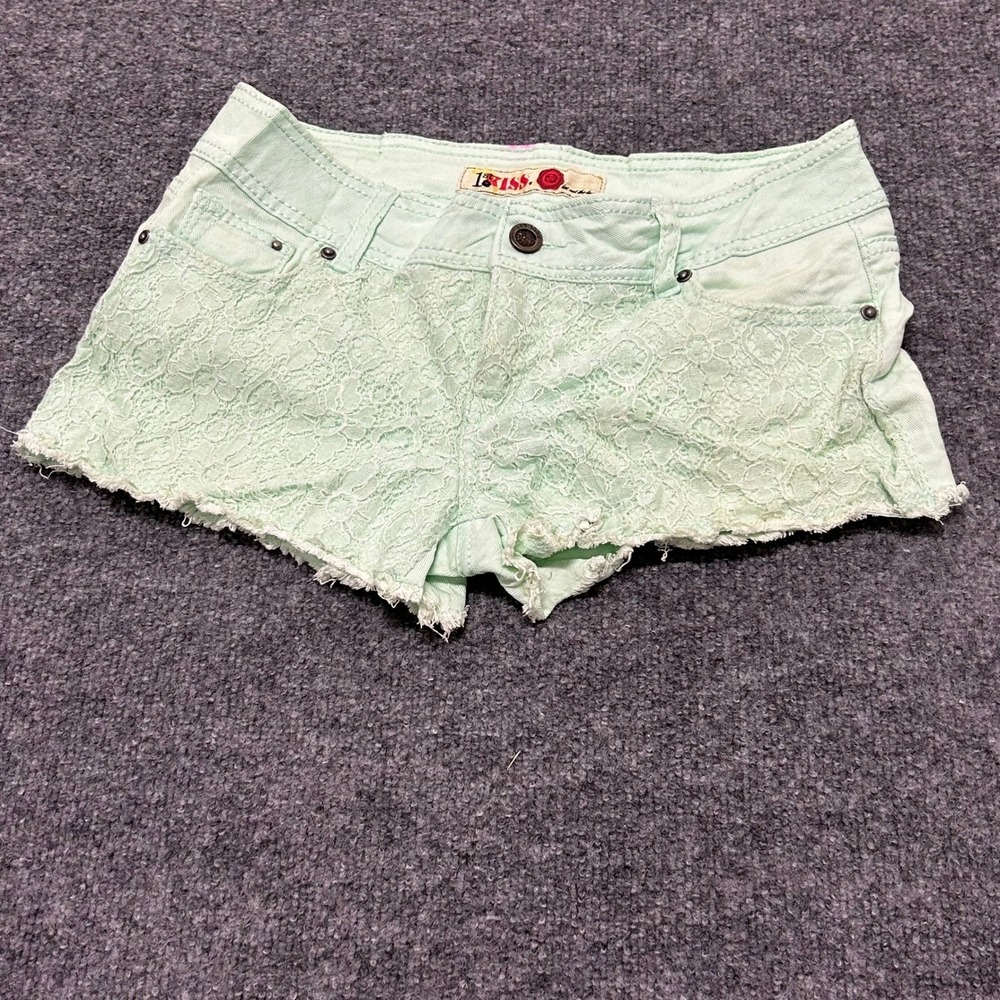 1st Kiss Shorts Womens Size 5 Mint Green Lace Overlay Cutoff Denim Casual Flaw